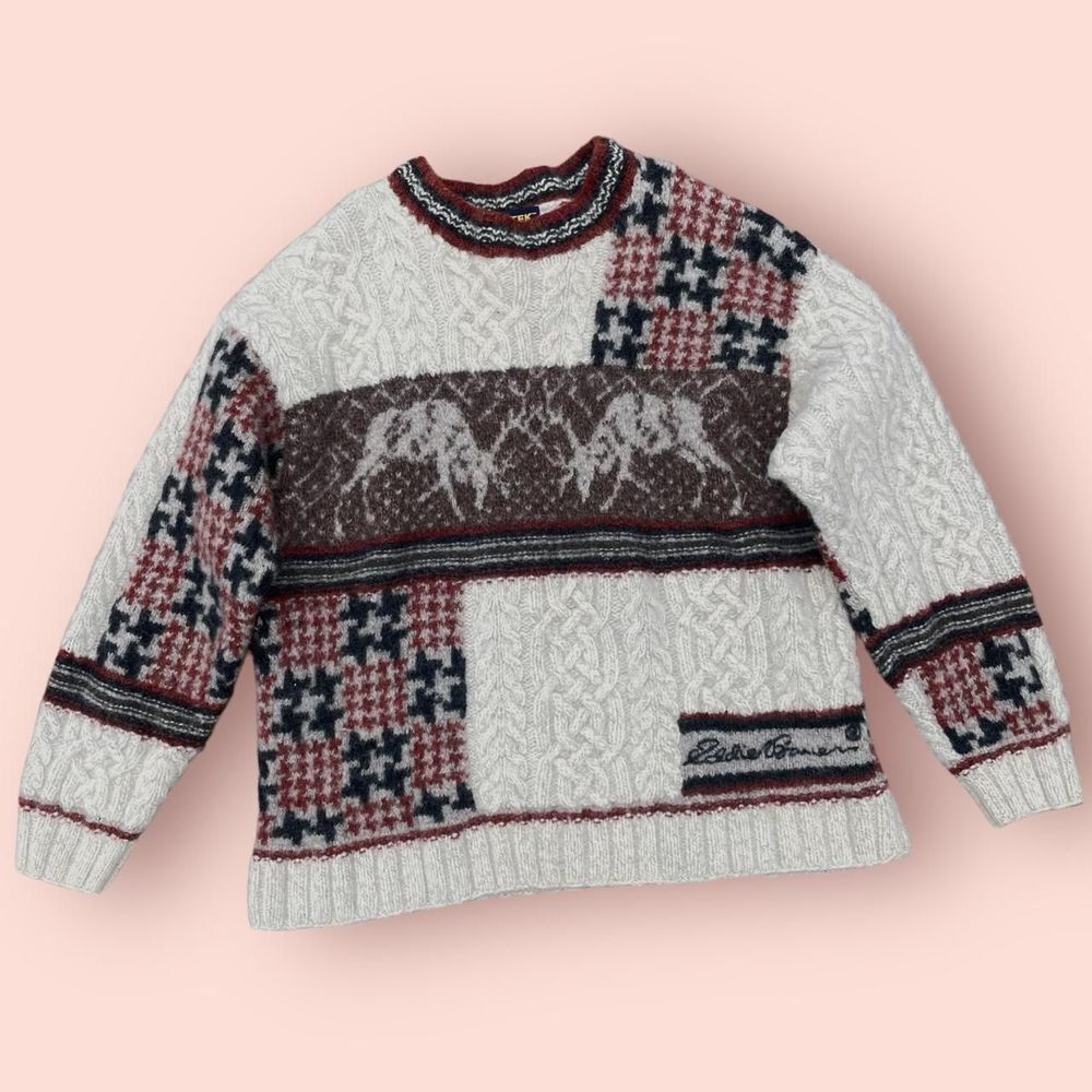 Eddie Bauer White and Brown Patterned Sweater